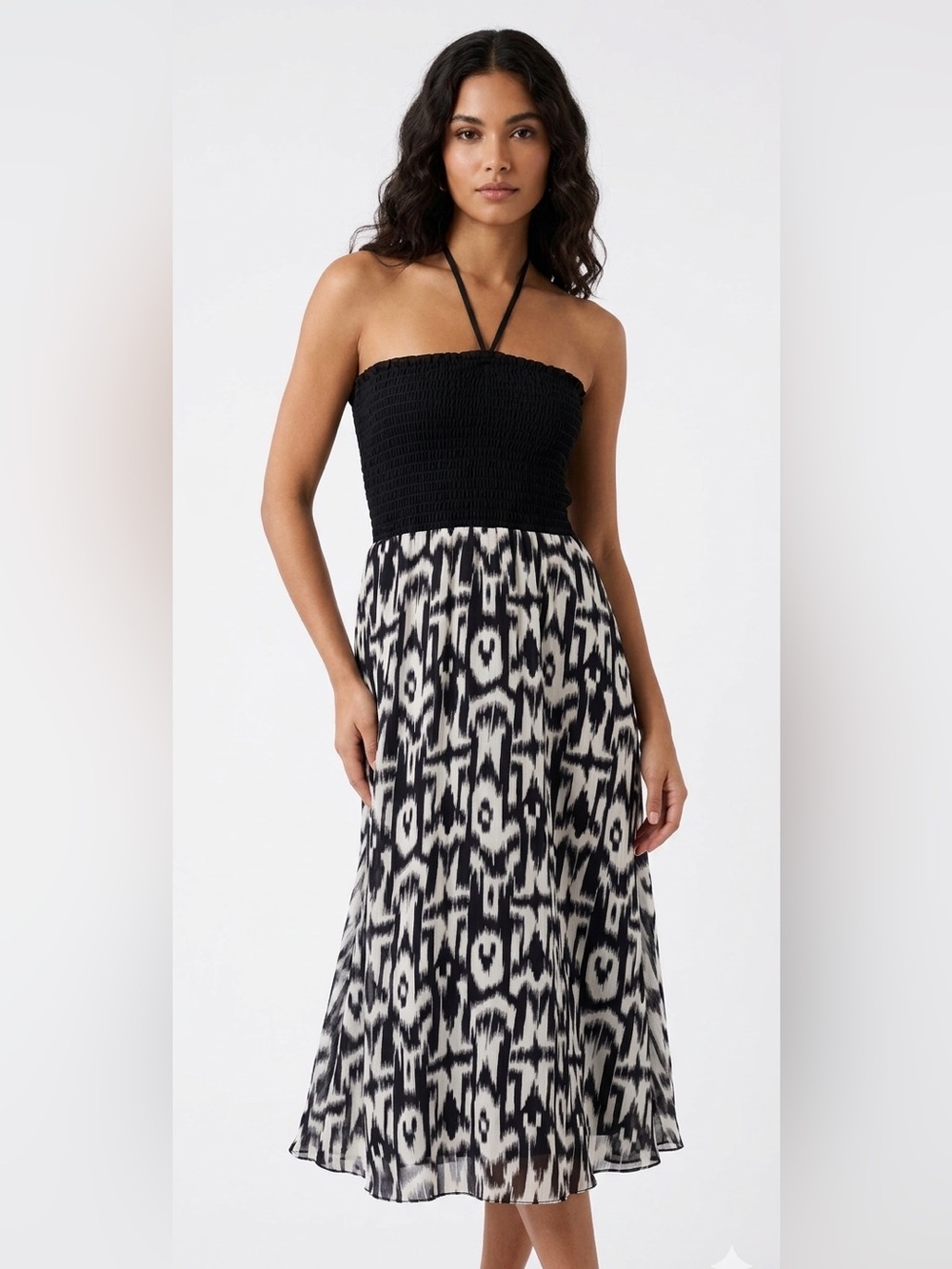 Portocruz Black & White Abstract Ikat Smocked Halter Midi Dress Halter